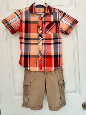 Gymboree Cotton Orange & Red Plaid Short-Sleeve Button-Up Shirt with shorts